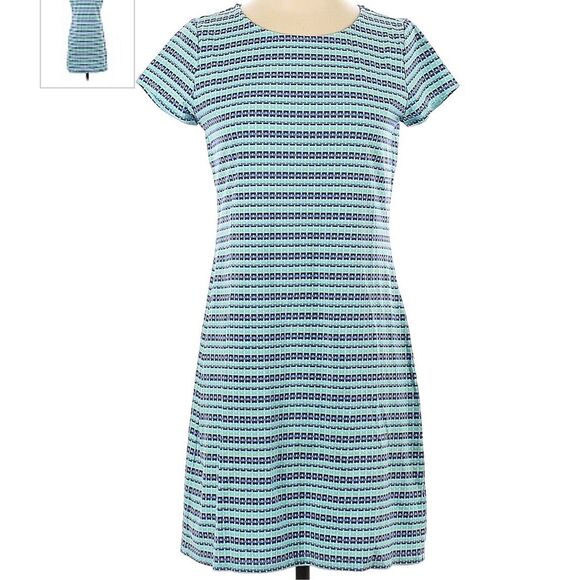 Hiho Womens Geometric Striped Scoop Short Sleeve Shift Dress Blue Large NWOT - Picture 2 of 6